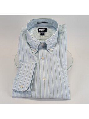 Lands End Mens Supima No Iron Oxford Shirt 16-36 T Blue Stripe Traditional Fit